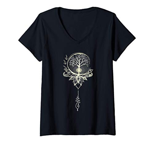 Mujer Mandala Despertar del árbol de la vida Camiseta Cuello V