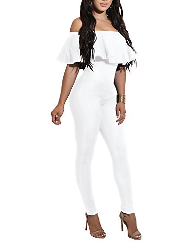 Mujer Mono Jumpsuits Elegante Fuera del Hombro Bodysuit Pantalones Largos Blanco S