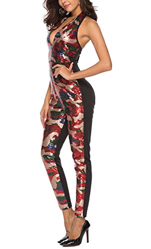 Mujer Mono Jumpsuits Sin Espalda Elegant Camuflaje Playsuit Slim Fit Rompers de Lentejuelas Rojo XL