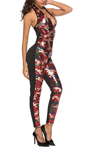 Mujer Mono Jumpsuits Sin Espalda Elegant Camuflaje Playsuit Slim Fit Rompers de Lentejuelas Rojo XL