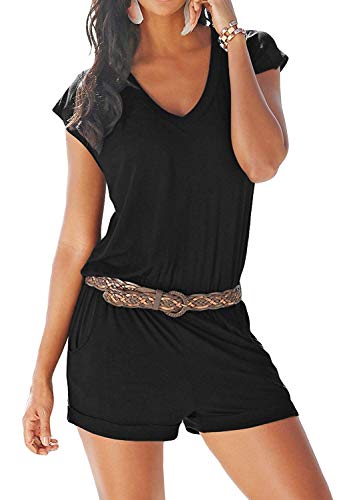 Mujer Monos,Jumpsuits Mujer En V Sin Mangas Monos,Verano del Mameluco Playa De Los Pantalones Corto Jumpsuits,Sin Cinturon S-2XL (XL, Negro)