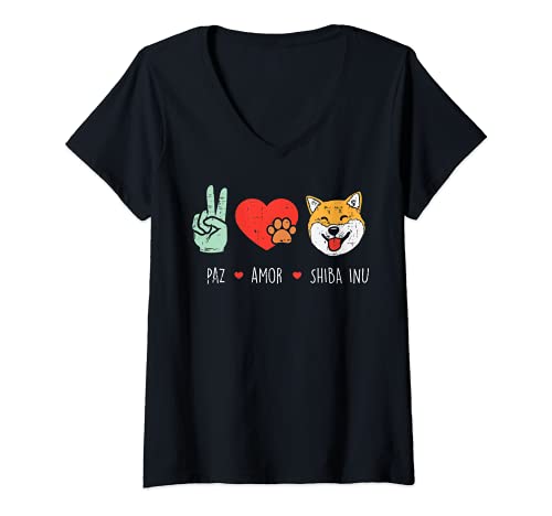 Mujer Paz Amor Shiba Inu Perro Lindo Akita Inu Animal Lover Regalo Camiseta Cuello V