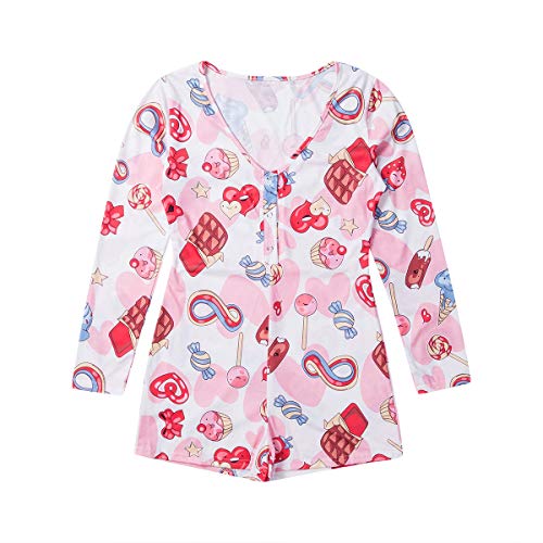 Mujer Pijama de Una Pieza Mono de Manga Larga Ropa de Dormir Pelele de Mameluco con Botones y Cuello en V para Chica Adolescente (Rosa, XL)
