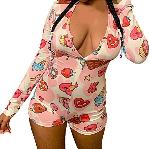 Mujer Pijama de Una Pieza Mono de Manga Larga Ropa de Dormir Pelele de Mameluco con Botones y Cuello en V para Chica Adolescente (Rosa, XL)