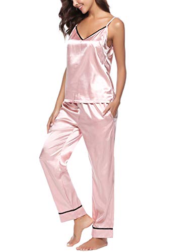 Mujer Satén Seda Set Pijama Conjunto de Pijama de Raso de 2 Piezas para Mujer Camiseta sin Hombro y Pantalones