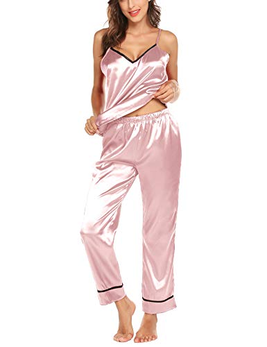 Mujer Satén Seda Set Pijama Conjunto de Pijama de Raso de 2 Piezas para Mujer Camiseta sin Hombro y Pantalones