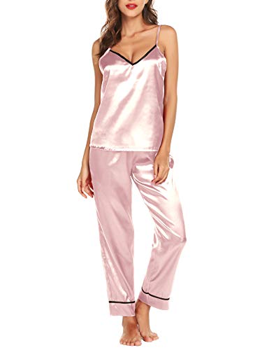 Mujer Satén Seda Set Pijama Conjunto de Pijama de Raso de 2 Piezas para Mujer Camiseta sin Hombro y Pantalones