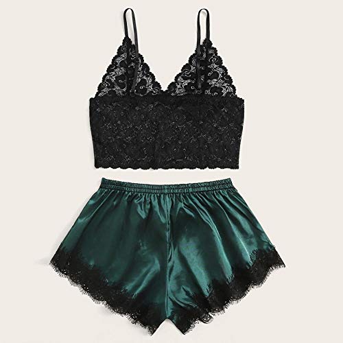 Mujer Sexy Color Negro Sensual y Elegante Fina Lenceria para DamaConjunto de Pijama de lencería Sexy Pantalones Cortos de satén para Mujer Sexy-Black_XL