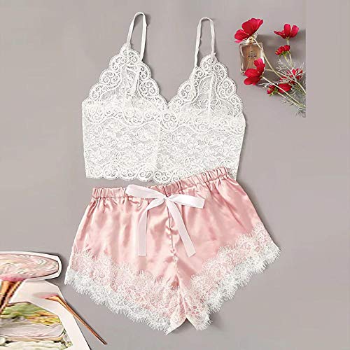 Mujer Sexy Fina Lenceria Sensual Romantico Elegante EncajeConjuntos de Pijamas para Mujer Sujetadores Sexis para Mujer Ropa de Dormir de Encaje Sexy Ropa Interior Tops Conjuntos de Bragas-Pink_XL