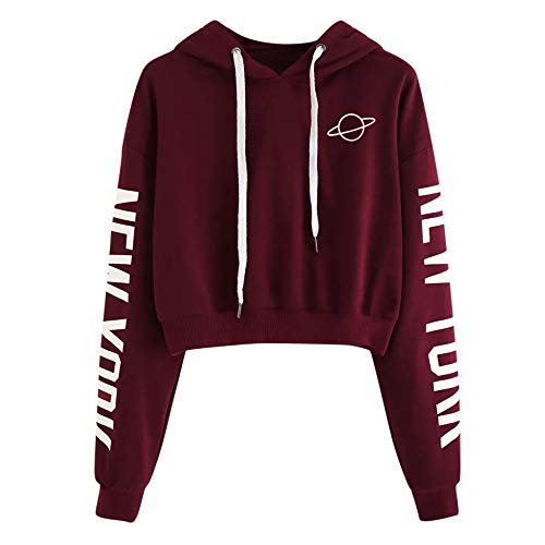 Mujer Sudaderas Cortas, K-Youth Mujer Sudaderas con Capucha Manga Larga Sudaderas Tumblr Mujer Cortas Letras Planeta Blusa Tops 2018 Otoño Invierno Hoodie Sweatshirt Chicas(Vino Rojo, S)