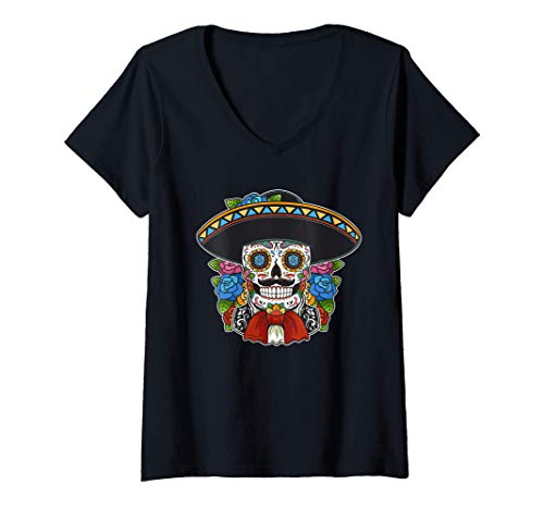 Mujer Sugar Skull Mexican Man Senor Calavera Dia De Los Muertos Camiseta Cuello V
