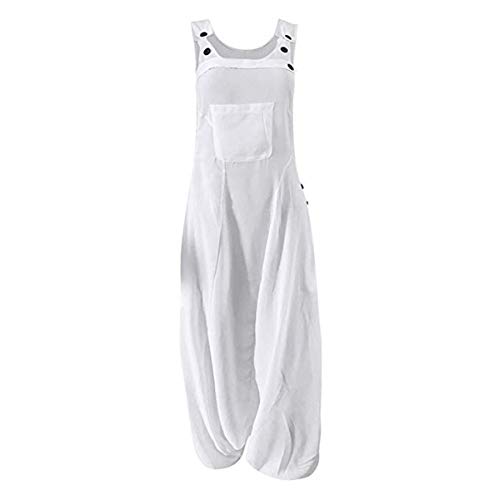 Mujer Verano Peto de Pantalones, Morbuy Moda Talla Grande Casual Largos Ancho Baggy Harem Mono Suelto Bolsillos Overoles Jumpsuit Tirantes Playa Fiesta Noche Oficina Embarazados (L,Blanco)