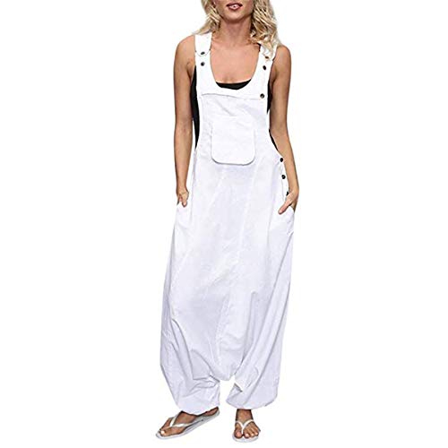 Mujer Verano Peto de Pantalones, Morbuy Moda Talla Grande Casual Largos Ancho Baggy Harem Mono Suelto Bolsillos Overoles Jumpsuit Tirantes Playa Fiesta Noche Oficina Embarazados (M,Blanco)