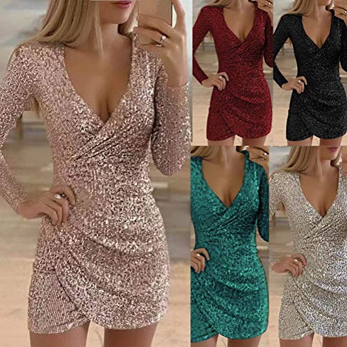 Mujer Vestido de Noche Atractivo para Fiesta Vestido de Moda Lentejuelas Brillante Cuello en V Manga Larga Mini Dress del Club A Plateado 34