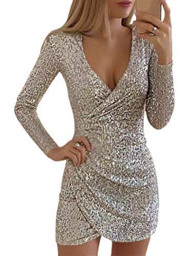 Mujer Vestido de Noche Atractivo para Fiesta Vestido de Moda Lentejuelas Brillante Cuello en V Manga Larga Mini Dress del Club A Plateado 34