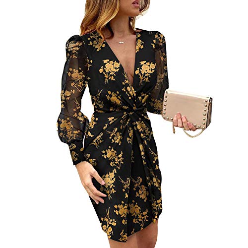 Mujer Vestido Sexy Elegante de Cuello en V Vestidos Delgados de Verano de Manga Larga Transparente con Estampado de Patrones Leopardo/Floral para Casual Boda Fiesta Cóctel Club (Negro, XL)