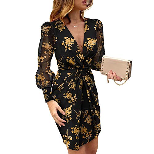 Mujer Vestido Sexy Elegante de Cuello en V Vestidos Delgados de Verano de Manga Larga Transparente con Estampado de Patrones Leopardo/Floral para Casual Boda Fiesta Cóctel Club (Negro, XL)