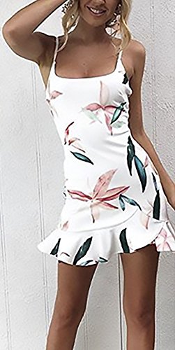 Mujer Vestido Verano Corto Elegantes Sin Mangas Espalda Descubierta Ropa Dama Moderno Slim Fit Volantes Casual Vestidos Lapiz Flores Impresión Vestidos Cortos (Color : Blanco, Size : S)