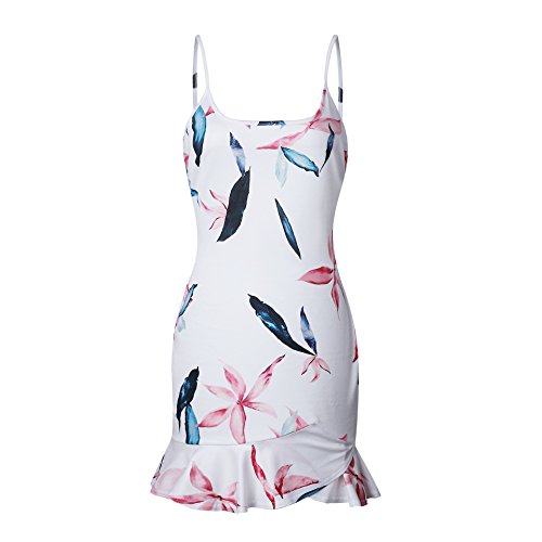 Mujer Vestido Verano Corto Elegantes Sin Mangas Espalda Descubierta Ropa Dama Moderno Slim Fit Volantes Casual Vestidos Lapiz Flores Impresión Vestidos Cortos (Color : Blanco, Size : S)