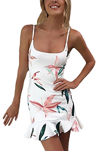 Mujer Vestido Verano Corto Elegantes Sin Mangas Espalda Descubierta Ropa Dama Moderno Slim Fit Volantes Casual Vestidos Lapiz Flores Impresión Vestidos Cortos (Color : Blanco, Size : S)