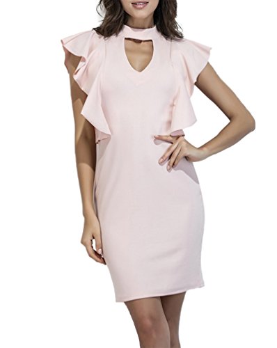 Mujer Vestidos Cortos Elegantes Vestido Verano Volantes Manga Corta Lindo Chic Cuello Redondo Club Mini Vestido Moda Joven Color Sólido Vestido Coctel Vestidos Party (Color : Pink, Size : L)