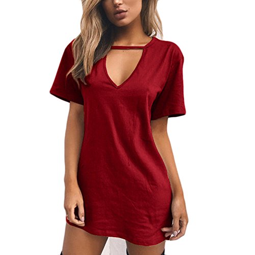 Mujer Vestidos Cortos Fiesta de Verano en el Cuello Camisetas Basicas Cortos Coctel Casual Vestidos de Verano # Vino rojo M