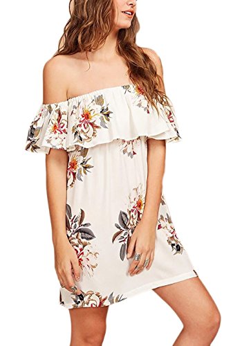 Mujer Vestidos De Fiesta Cortos Verano Barco Cuello Con Volantes Impresión Floral Vestido De Cóctel Boho Manga Corta Elegantes Vestir De Playa Sin Tirantes Casual Moda De Noche Para Woman
