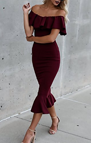Mujer Vestidos De Fiesta Largos De Noche De Coctel Lindo Chic Elegante Vintage Moda Hombro Descubierto Cuello Barco Volantes Slim Fit Sirena Vestido Medium Largo ( Color : Winered , Size : L )