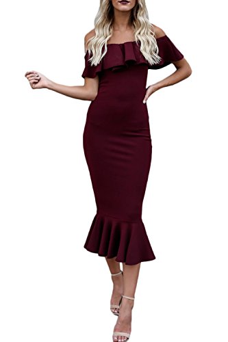 Mujer Vestidos De Fiesta Largos De Noche De Coctel Lindo Chic Elegante Vintage Moda Hombro Descubierto Cuello Barco Volantes Slim Fit Sirena Vestido Medium Largo ( Color : Winered , Size : L )
