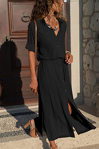 Mujer Vestidos Largos Casual Camiseros Manga Larga Botón Lateral De Hendidura Vestido De Fiesta Black S