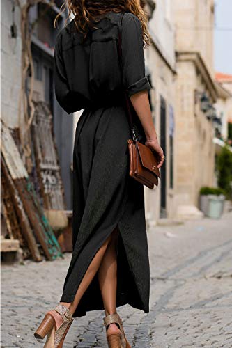 Mujer Vestidos Largos Casual Camiseros Manga Larga Botón Lateral De Hendidura Vestido De Fiesta Black S
