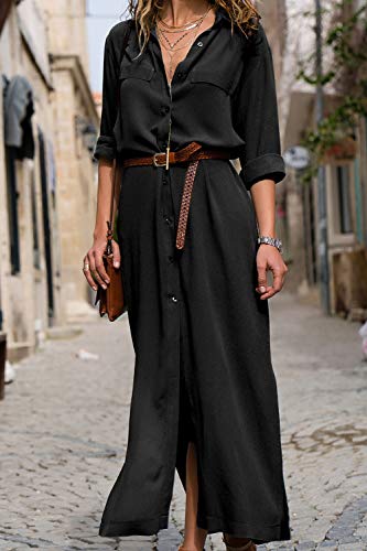 Mujer Vestidos Largos Casual Camiseros Manga Larga Botón Lateral De Hendidura Vestido De Fiesta Black S