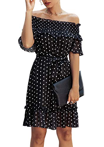 Mujer Vestidos Volantes Sin Tirantes Lunares Vestido Manga Corta Elegante Vestidos De Verano Moda Joven Swing Vestido Midi con Cinturón (Negro,XL)