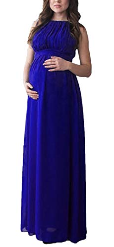 Mujer Vestir El Embarazo Elegante Largos Moda Hermoso Embarazadas Vestido Gasa Sin Mangas Fiesta Cuello Redondo Cintura Alta Party Vestido Premama Maxi Vestido (Color : Azul, Size : M)