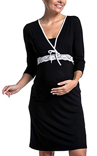 Mujer Vestir El Embarazo Mangas 3/4 V-Cuello para Amamantar Embarazadas Casuales Fiesta Cómodo Vestido Premama Respirable Vestidos De Verano (Color : Negro, Size : L)