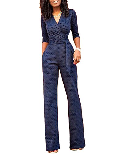 Mujeres 3/4 Mangas Monos Elegante Traje Pantalones Anchos Blusa V Cuello Bodysuit Jumpsuits Marina XL
