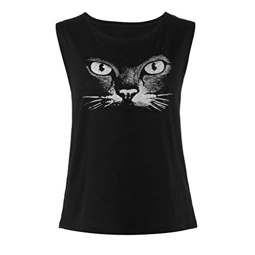 Mujeres Camiseta básica Estampada de Gato, Blusa Tirantes Camisa Tallas Grandes Tops sin Mangas Camiseta Verano t-Shirt Basicas Negro XXXL