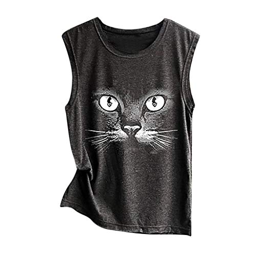 Mujeres Camiseta básica Estampada de Gato, Blusa Tirantes Camisa Tallas Grandes Tops sin Mangas Camiseta Verano t-Shirt Basicas Negro XXXL