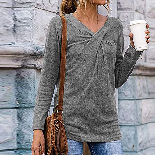 Mujeres Casual Cuello en V Nudo Cruzado pulóver Color sólido Suelta cómoda Camisa Blusa de Manga Larga (Gris, L)