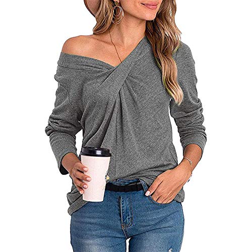Mujeres Casual Cuello en V Nudo Cruzado pulóver Color sólido Suelta cómoda Camisa Blusa de Manga Larga (Gris, L)