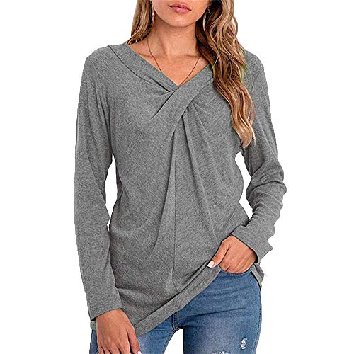 Mujeres Casual Cuello en V Nudo Cruzado pulóver Color sólido Suelta cómoda Camisa Blusa de Manga Larga (Gris, L)