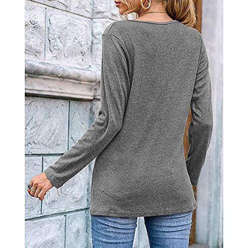 Mujeres Casual Cuello en V Nudo Cruzado pulóver Color sólido Suelta cómoda Camisa Blusa de Manga Larga (Gris, L)