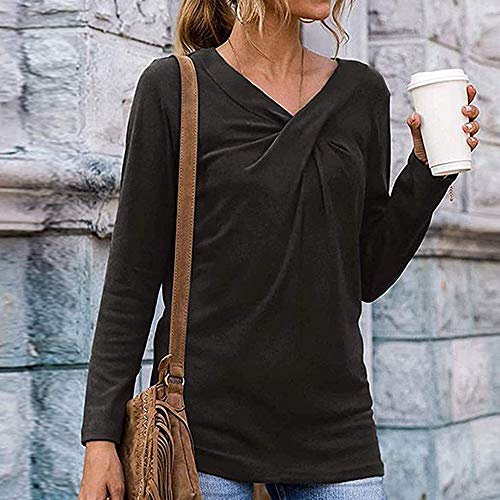 Mujeres Casual Cuello en V Nudo Cruzado pulóver Color sólido Suelta cómoda Camisa Blusa de Manga Larga (Negro, XL)