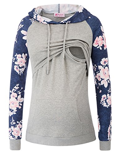 Mujeres Maternidad Lactancia con Capucha Lactancia Tops Canguro de Bolsillo Gris 2XL