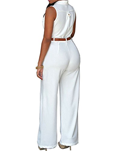 Mujeres Mono Sin Mangas Pantalones Cintura Monos con Cinturón Blanco S