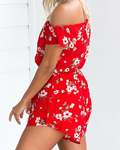 Mujeres Monos sin Mangas Playsuit Impresión Floral Verano Pantalón Corto Jumpsuit 05Rojo M