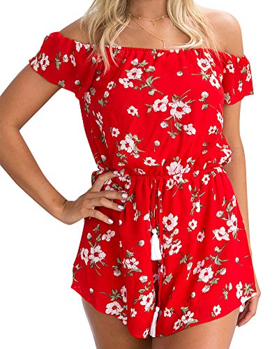 Mujeres Monos sin Mangas Playsuit Impresión Floral Verano Pantalón Corto Jumpsuit 05Rojo M