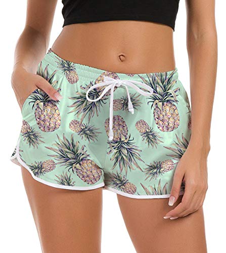 Mujeres Piña Pantalones cortos de natación Divertido Bolsillos laterales Maravilloso Loungewear Hawaiian Holiday traje de baño Parte inferior Pantalones deportivos de secado rápido para surfear M