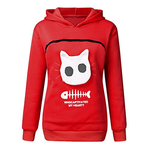 Mujeres Sudadera Portador de Mascotas Sudadera Canguro con Capucha Niña Jersey Bolsillo Funcional de Gato Ropa Tumblr Adolescente Chica Streetwear HULKY(Rojo,XL)