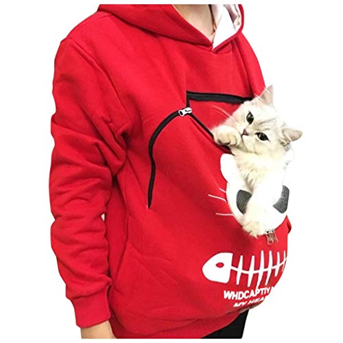 Mujeres Sudadera Portador de Mascotas Sudadera Canguro con Capucha Niña Jersey Bolsillo Funcional de Gato Ropa Tumblr Adolescente Chica Streetwear HULKY(Rojo,XL)